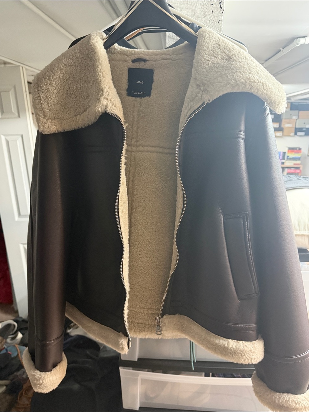 Mango Dark Brown Faux-Leather Shearling Jacket with Cream Sherpa